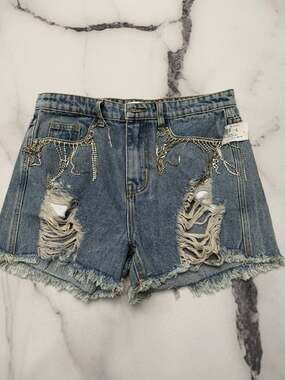 POL Distressed Denim Shorts with Rhinestone Fringe and Raw Hem